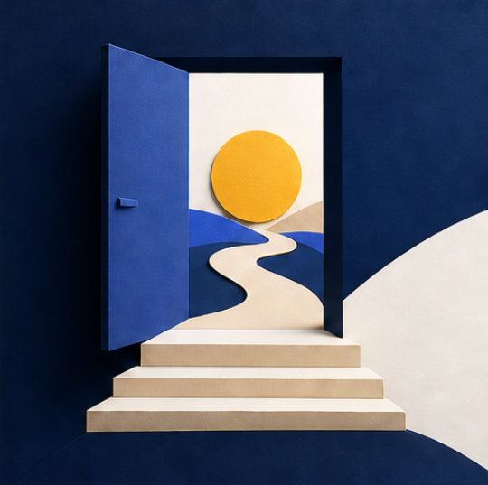 Porta aberta para um caminho em colagem de papel