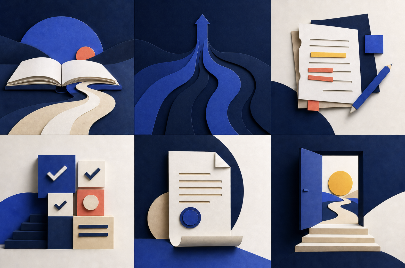 Seis colagens de papel com livro, caminhos, documento e porta aberta